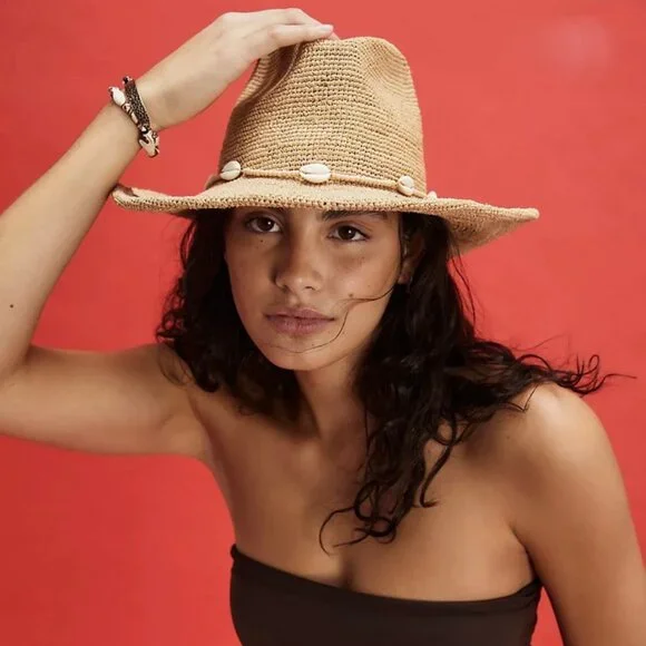 Wyeth Reed Shell Trim Band Raffia Rancher Hat - Picture 3 of 6